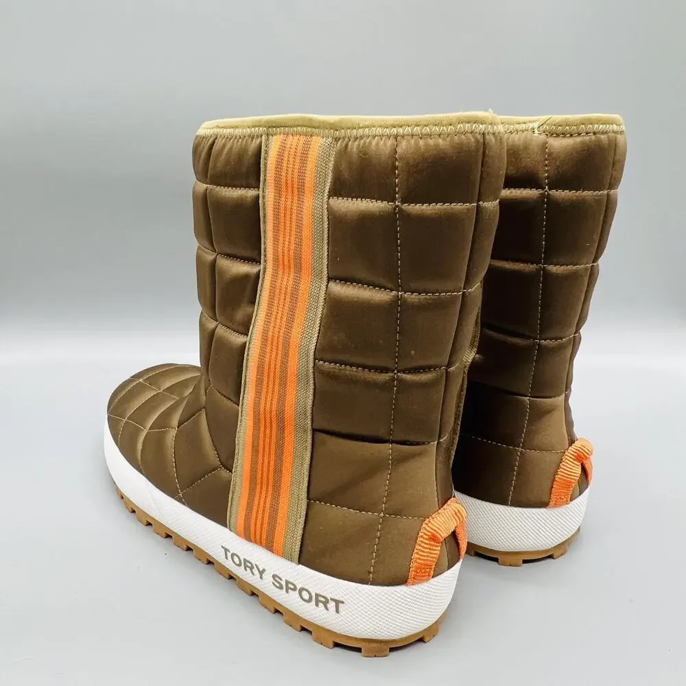 Tory Sport Boots Women 7 Brown Quilted Puffer Mid Calf Pull On Winter Snow Shoes